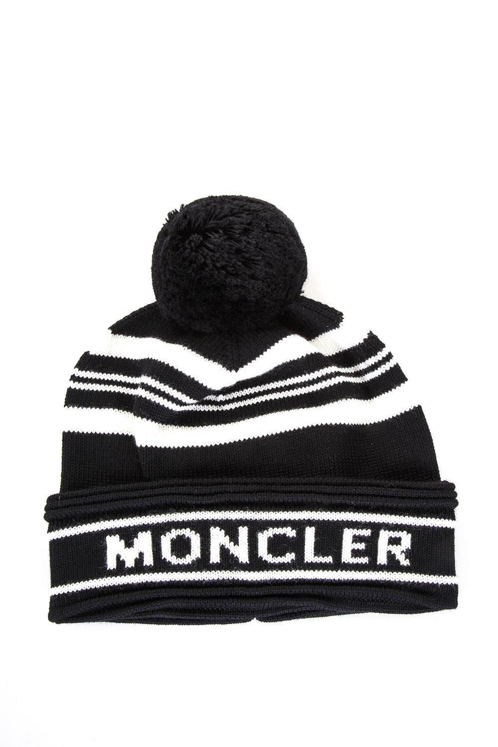 Moncler Bobble Virgin Wool Striped Hat In Blackwhite ModeSens