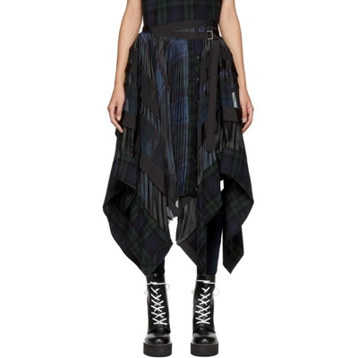 Shop Sacai Black & Navy Pleated Plaid Belted Skirt