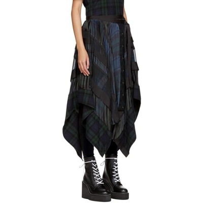 Shop Sacai Black & Navy Pleated Plaid Belted Skirt