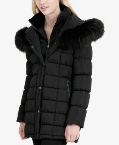 Shop Calvin Klein Faux-fur-trim Layered Puffer Coat In Black