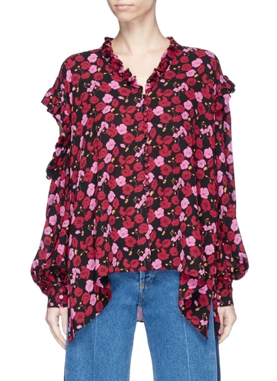 Shop Magda Butrym 'forli' Cutout Shoulder Floral Print Silk Shirt