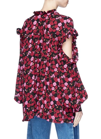 Shop Magda Butrym 'forli' Cutout Shoulder Floral Print Silk Shirt
