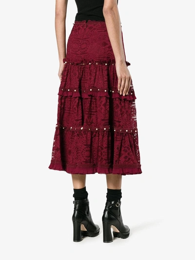 Shop Jonathan Simkhai Tiered Embellished Lace Midi-skirt In Red