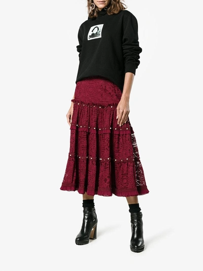 Shop Jonathan Simkhai Tiered Embellished Lace Midi-skirt In Red