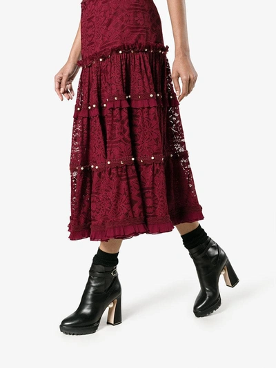 Shop Jonathan Simkhai Tiered Embellished Lace Midi-skirt In Red