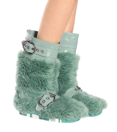 Shop Miu Miu Faux-fur And Patent Leather Boots In Green