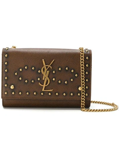 Shop Saint Laurent Small Studded Kate Satchel In Brown
