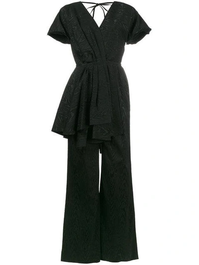 Shop Rosie Assoulin V Neck Draped Moire Jumpsuit In Black