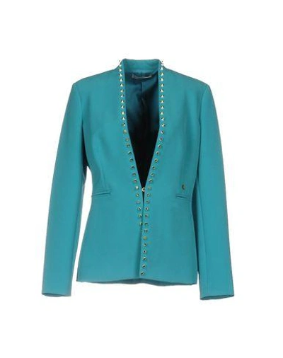 Shop Versace Collection Woman Suit Jacket Turquoise Size 12 Polyester, Elastane In Blue