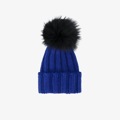 Shop Inverni Blue Ribbed Cashmere Hat With Fur Pom Pom