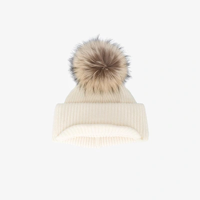 Shop Inverni Neutral Ribbed  Cashmere Hat With Visor And Fur Pom Pom In Nude&neutrals