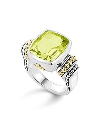Shop Lagos 18k Gold And Sterling Silver Caviar Color Medium Ring With Green Quartz In Green/silver