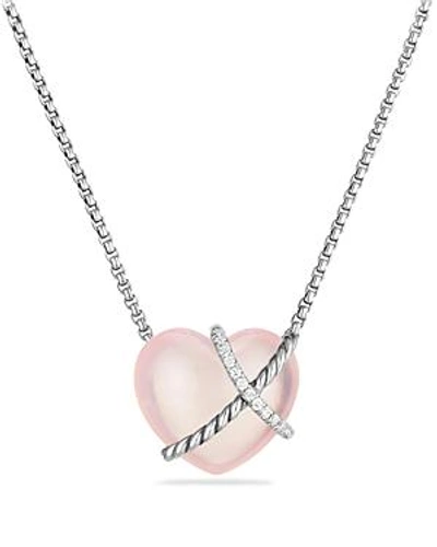 Shop David Yurman Le Petit Coeur Sculpted Heart Chain Necklace With Milky Rose Quartz And Diamonds In Pink/silver