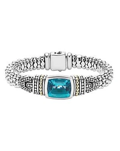 Shop Lagos 18k Gold And Sterling Silver Caviar Color Bezel Bracelet With London Blue Topaz In Blue/silver
