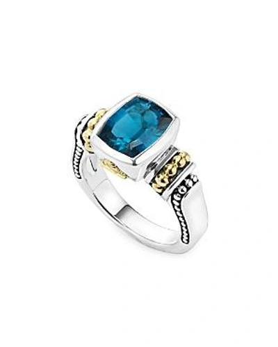 Shop Lagos 18k Gold And Sterling Silver Caviar Color Bezel Ring With London Blue Topaz In Teal/silver