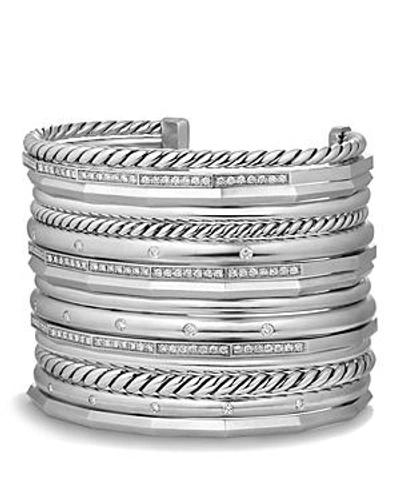 Shop David Yurman Stax Wide Cuff Bracelet With Diamonds In White/silver