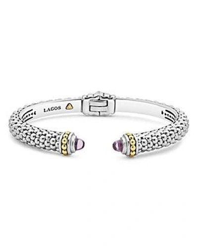 Shop Lagos 18k Gold And Sterling Silver Caviar Color Amethyst Cuff, 8mm In Purple/silver