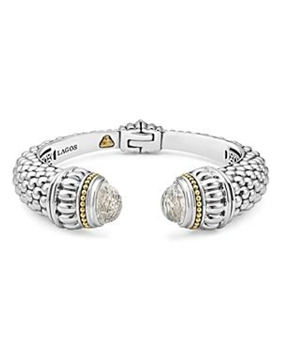 Shop Lagos 18k Gold And Sterling Silver Caviar Color White Topaz Cuff, 14mm In White/silver