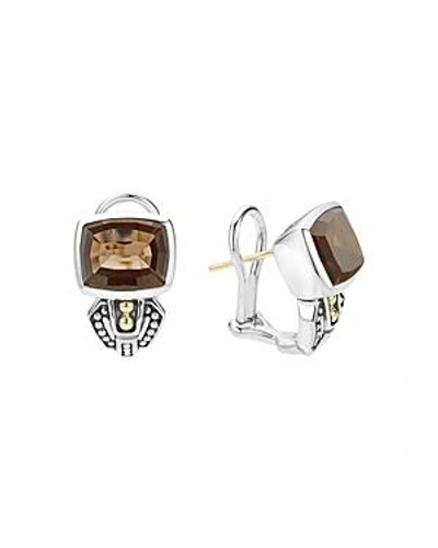 Shop Lagos 18k Gold And Sterling Silver Caviar Color Smoky Quartz Huggie Drop Earrings In Brown/silver