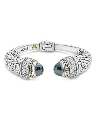 Shop Lagos 18k Gold And Sterling Silver Caviar Color London Blue Topaz And Diamond Cuff, 14mm In Blue/white