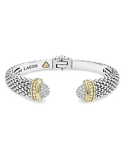 Shop Lagos 18k Gold And Sterling Silver Caviar And Diamonds Cuff, 12mm In White/silver