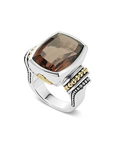 Shop Lagos 18k Gold And Sterling Silver Caviar Color Large Smoky Quartz Ring In Brown/silver