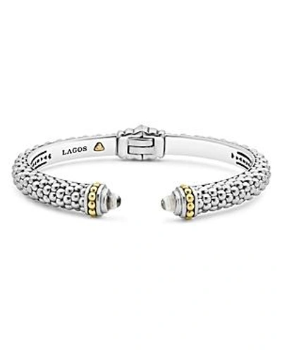 Shop Lagos 18k Gold And Sterling Silver Caviar Color White Topaz Cuff, 8mm In White/silver