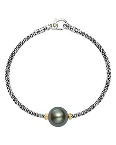 Shop Lagos 18k Gold And Sterling Silver Luna Cultured Tahitian Pearl Single Station Bracelet In Black/silver
