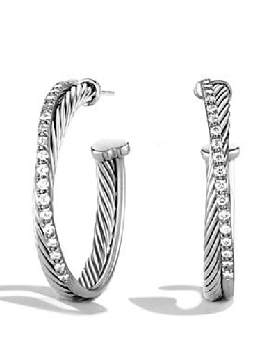 Shop David Yurman Crossover Medium Hoop Earrings With Diamonds In Silver