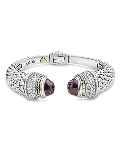 Shop Lagos 18k Gold And Sterling Silver Caviar Color Amethyst And Diamond Cuff, 14mm In Purple/white