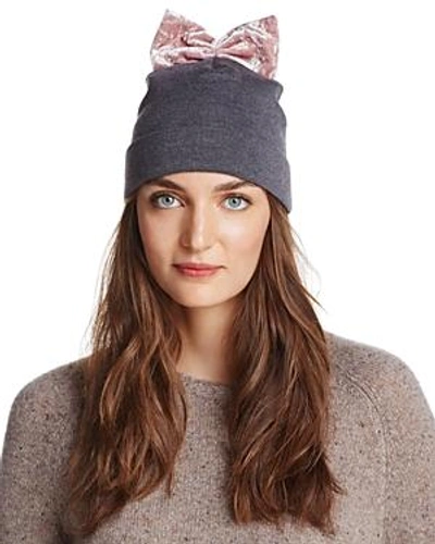Shop Federica Moretti Knit Cap With Velvet Bow - 100% Exclusive In Gray/pink
