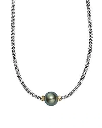 Shop Lagos 18k Gold And Sterling Silver Luna Cultured Tahitian Pearl Single Station Necklace, 16 In Black/silver