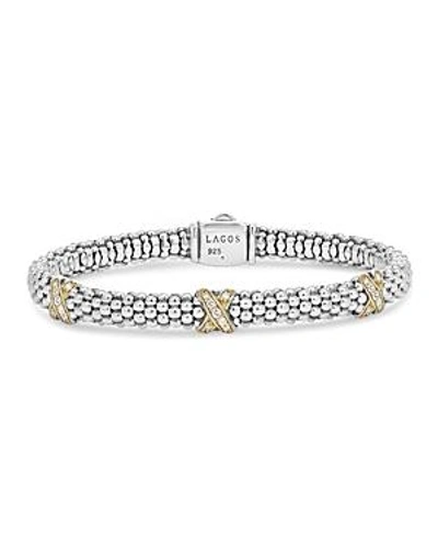 Shop Lagos 18k Gold And Sterling Silver X Collection Diamond Rope Bracelet, 6mm In White/silver
