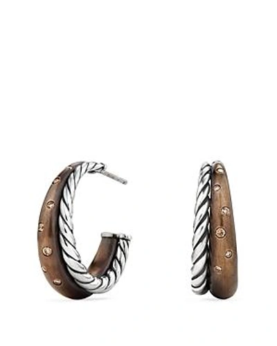 Shop David Yurman Pure Form Mixed Metal Hoop Earrings With Cognac Diamonds, Bronze & Sterling Silver In Brown