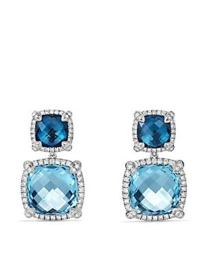 Shop David Yurman Châtelaine Pavé Bezel Double Drop Earring With Blue Topaz, Hampton Blue Topaz And Diamonds In Blue/silver