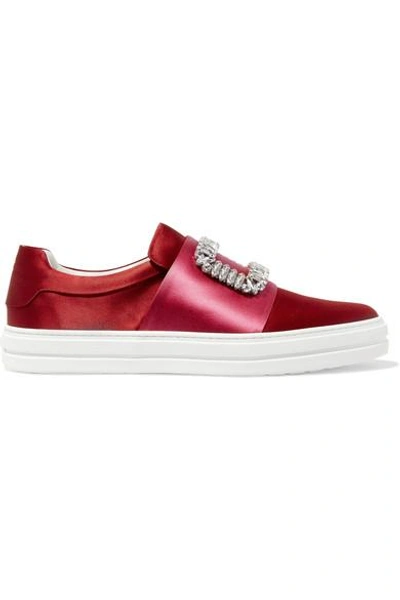 Shop Roger Vivier Sneaky Viv Crystal-embellished Two-tone Satin Slip-on Sneakers In Red