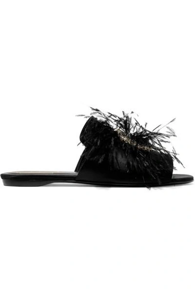 Shop Roger Vivier Rabat Feather And Crystal-embellished Satin Slides In Black