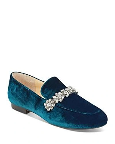 Shop Ivanka Trump Wareen Embellished Velvet Loafers In Teal Blue
