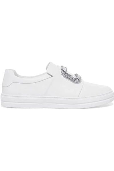 Shop Roger Vivier Sneaky Viv Crystal-embellished Leather Slip-on Sneakers In White