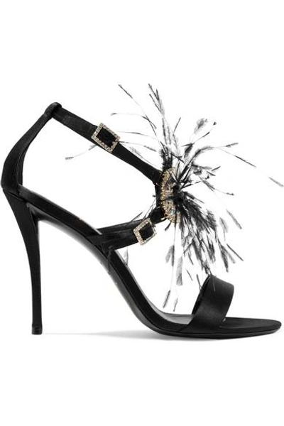 Shop Roger Vivier Sin Feather And Crystal-embellished Satin Sandals In Black