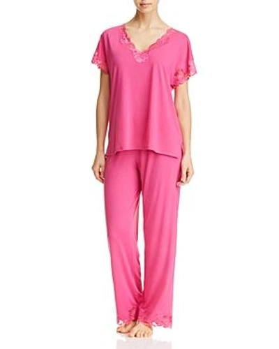 Shop Natori Zen Floral Lace-trim Short Sleeve Pajama Set In Beet Pink
