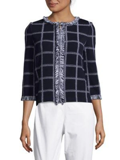 Shop St John Plaid Knitted Jacket In Navy/brightwhite
