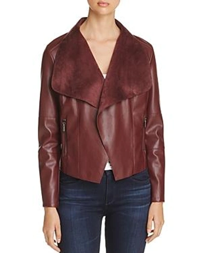 Shop Bagatelle Draped Faux Leather Jacket In Burgundy