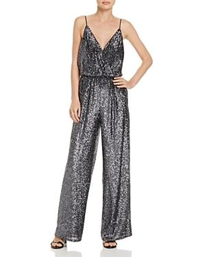 Aidan Mattox Spaghetti strap V neck Sequin Jumpsuit In Gunmetal