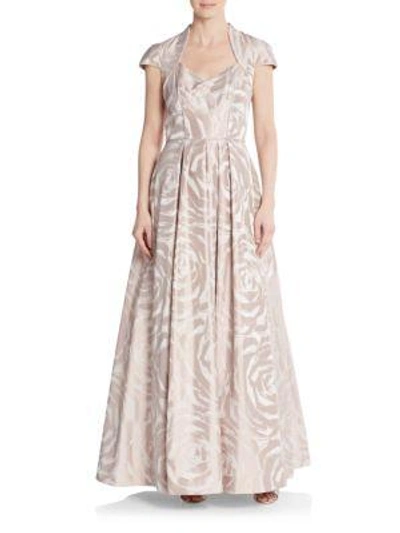 Shop Theia Rose-print A-line Gown In Dusty Rose