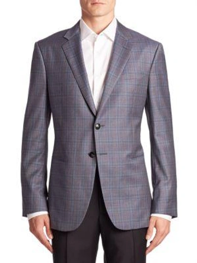 Shop Armani Collezioni Taylor-fit Virgin Wool Plaid Blazer In Grey