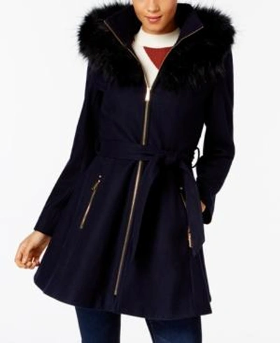 Shop Laundry By Shelli Segal Faux-fur-trim Skirted Coat In Classic Navy
