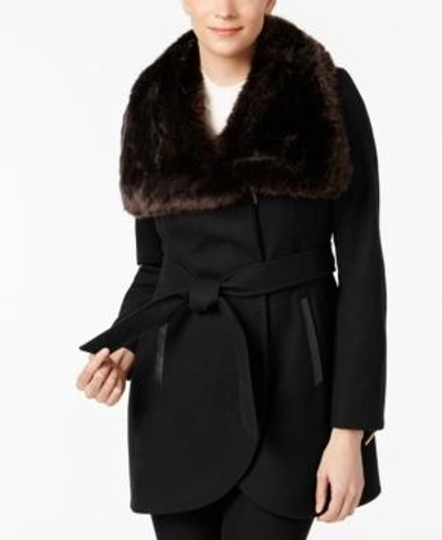 Shop French Connection Faux-fur-collar Asymmetrical Coat In Black