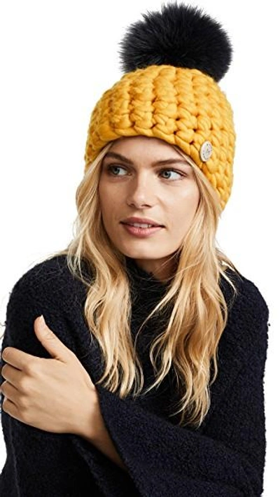 Shop Mischa Lampert Beanie Pomster Hat In Marigold/graphite