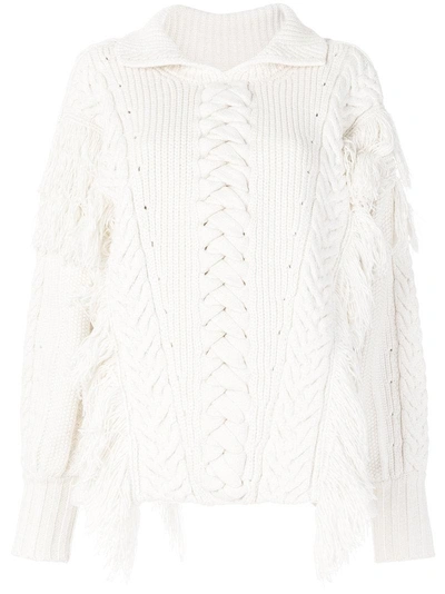 Shop Burberry Fringed Cable Knit Cotton Blend Oversized Sweater